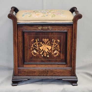 Antique English Edwardian Mahogany Inlay and Needelpoint Piano Stool