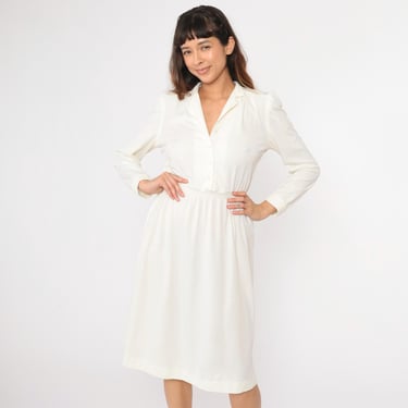 80s Shirtdress Off-White Button Up Puff Sleeve Dress Midi Dress High Waisted Secretary Vintage 1980s Long Sleeve V Neck Small S 