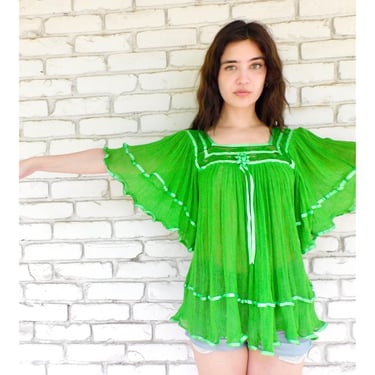 Mexican Gauze Blouse // vintage 70s 1970's dress tunic boho hippie hippy 1970s 70's cotton angel sleeves green // O/S 