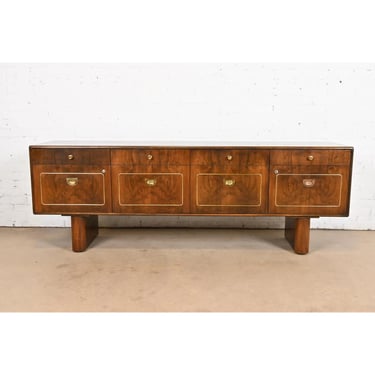 Romweber Mid-Century Hollywood Regency Burl Wood and Brass Sideboard Credenza, Circa 1970s