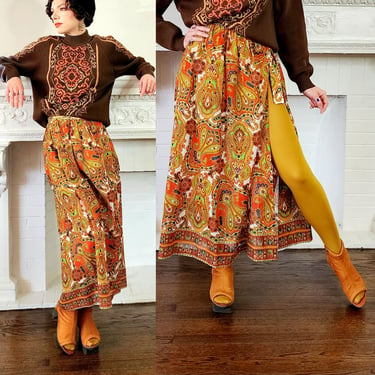 60s Wrap Style Maxi Skirt in Psychedelic Orange Paisley Print - M 