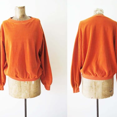 Vintage 70s Orange Velour Sweatshirt S M - 1970s Sears Crewneck Cotton Terry Cloth Solid Color Pullover Jumper 