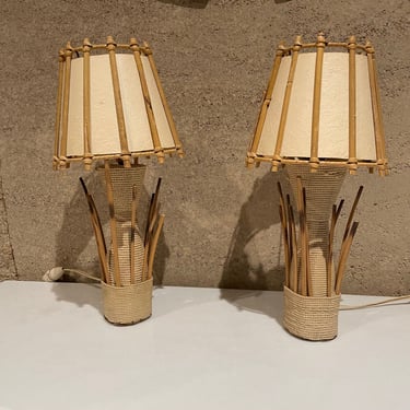 1950s French Rattan Woven Table Lamp Pair Style of Louis Sognot France 