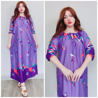 1980s Vintage Purple Floral Knit Maxi Dress / 80s Colorful Blouson Sleeve Tie Neck Lounge Gown / Size Large - XL 