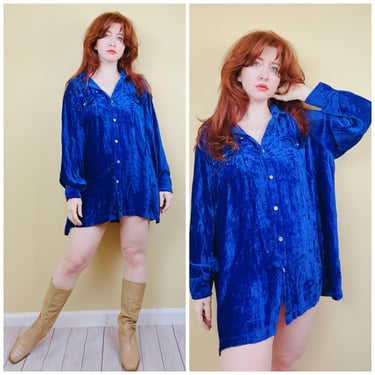 1990s Vintage Rayon Blue Crushed Velvet Tunic / 90s High Low Velveteen Dress / Size 20W 