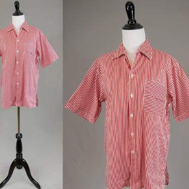 60s Men's Loop Collar Shirt - Red White Stripes - Short Sleeves - Tailored Sportswear by Palm Beach Co - Vintage 1960s - M 15 15 1/2 