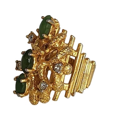 Vintage 60s Ring Gold Jade Stones Maximalist Electroplate Size 5.5 