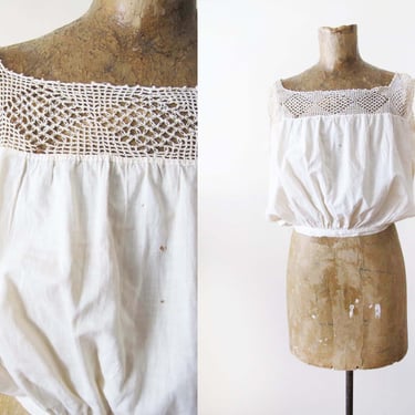 Vintage 1900s Lace Cotton Corset Cover Blouse M - Edwardian Victorian Off White Sleeveless Blouse - Bohemian Hippie Top 
