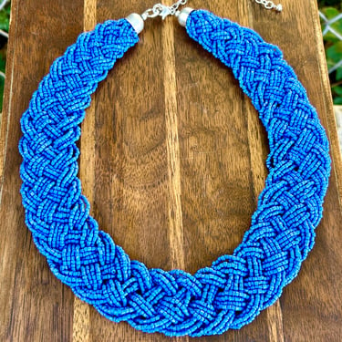 Vintage Seed Bead Necklace Blue Braided Beaded Collar Retro Fashion Jewelry Statement 
