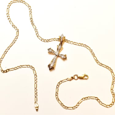 Vintage 14K Gold Diamond Pave Cross Pendant Necklace, Two-Tone Diamond Cut Figaro Chain, Diamond Encrusted Pendant W/ Matching Bail, 16" L 