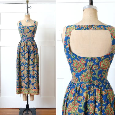 vintage Lanz cotton sundress • bright blue paisley print open back 70s 80s boho dress 