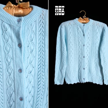 Cute Vintage 60s 70s Light Pastel Blue Cable Knit Cardigan 