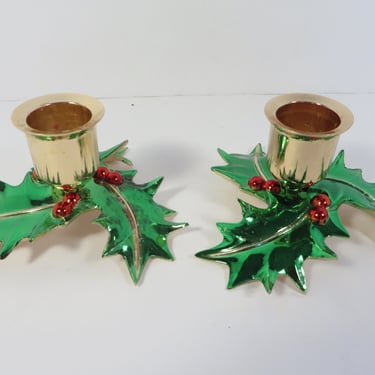 Vintage Enameled Christmas Holly Candle Holders - Holly Made in Japan Christmas Candle Holders 