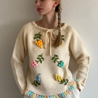 60s hand embroidered wool fruit sweater / vintage ivory hand embroidered wool pastel 3D fruit pom pom cropped fringe sweater | Small Medium 