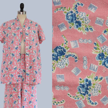 1930s Pajamas / 30s 40s Two Pc Cotton Trousers and Blouse Set / Pink Love Letter Novelty Print 