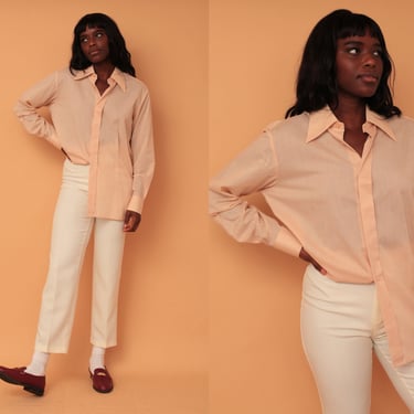 Vintage 1970s Pierre Cardin Beige Cotton Invisible Button Up Blouse 