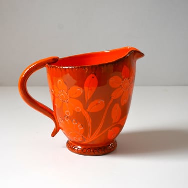 Vintage Italian Modern Bright Orange 6" Pitcher Vessel in Flower Pattern, Bitossi 