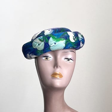Frances vintage velvet feather pillbox hat,  50s feather hat, blue hat, 1950s womens hats, 60s millinery, erstwhile style, vintage fashion 