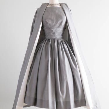Spectacular 1950's New Look Era Steel Grey Cocktail Dress &amp; Coat By Claudia Young / M