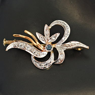 50's 925 silver gold wash blue & clear rhinestone floral spray brooch, partial vermeil sterling paste gems reed bling pin 