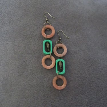 Long green geometric wooden earrings 2 