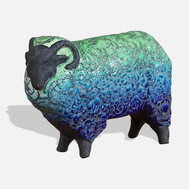 Large Aldo Londi Glazed Ceramic Ram Sculpture for Bitossi Studio