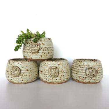 Vintage Studio Pottery Bowls, Set of 4 Stoneware Planter Pots, Small Pottery Succulent Pots By Dudley 