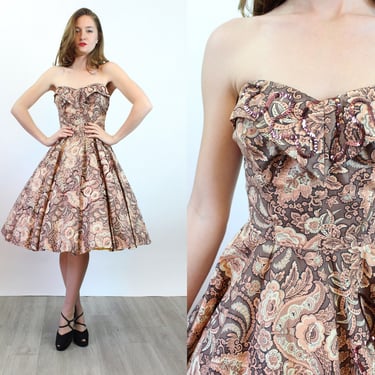 1950s California's COLONY CASUALS polished cotton sequin STRAPLESS dress xs, Crush Vintage