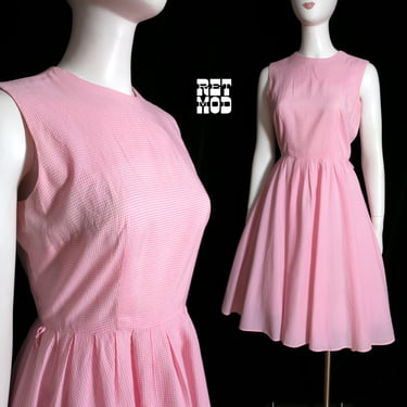 Adorable Vintage 50s 60s Pink Gingham Sleeveless Fit & Flare Day Dress 