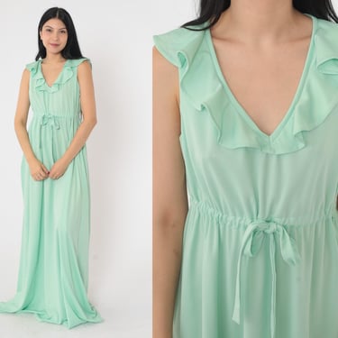 70s Maxi Dress Mint Green Ruffled V Neck Dress Hippie Bohemian Grecian 1970s Drawstring High Waist Boho Long Vintage Sleeveless Medium 