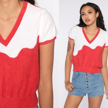 Terry Cloth Ringer Shirt Red White Color Block Shirt 70s Blouse Slouchy Terrycloth V Neck Top Retro 80s Stranger Things Tee Vintage Medium 