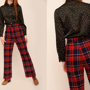 Vintage 1970s Red Plaid Tartan High Waisted Wide Leg Flared Pants Trousers 
