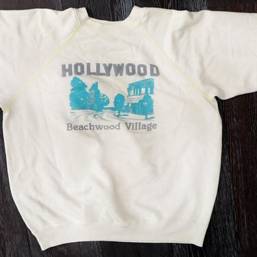 Vintage Hollywood BEACHWOOD VILLAGE Sweatshirt Crewneck, White, 1970's, 1960's, Large, t shirt, Raglan sleeves, Old Hollywood, Hanes USA 