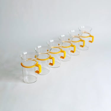 Bodum Bistro Mugs, Tall Glass Cups with Yellow Plastic Handles, Set of 6, Postmodern Vintage 1980's 