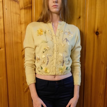 Helen Bond Carruthers / 1950s Cashmere Cardigan Sweater / Mid Century Sweater / Embroidered Antique Textile Patches Holiday Party Sexy Pinup 