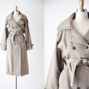 herringbone wool coat 70s 80s plus size vintage Clifford Michael brown cream dark academia heavy warm wool belted jacket 