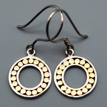 70's sterling vermeil circles on circle hippie dangles, dainty 925 silver boho polka dot earrings 