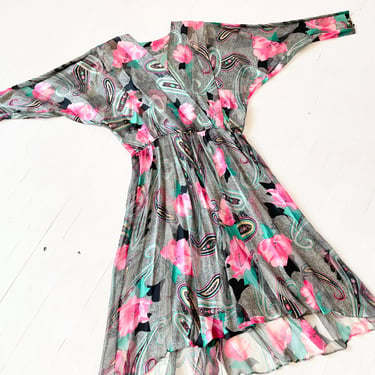 1980s Floral + Paisley Print Sheer Silk Dress 