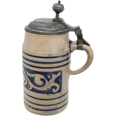 1740 Antique German Westerwald Pewter Mounted Stoneware Pottery Tankard 