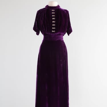 1930's Royal Purple Silk Velvet Evening Dress With Pave Rhinestones / L