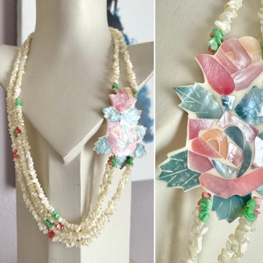 Glam Statement Necklace, Inlaid Abalone, Mosaic Inlay MOP, Large Floral Pendant, Double Strand, Vintage Jewelry 
