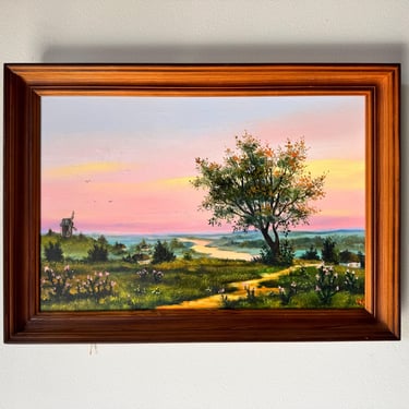 Vintage Impressionist Sunset Landscape Oil Painting, Signed 