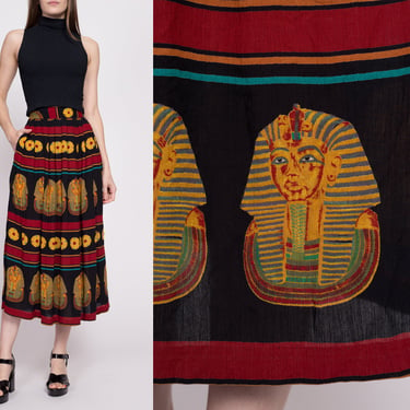 90s Egyptian Print Rayon Skirt - Medium | Vintage King Tut Pleated High Waist Boho Midi Skirt 