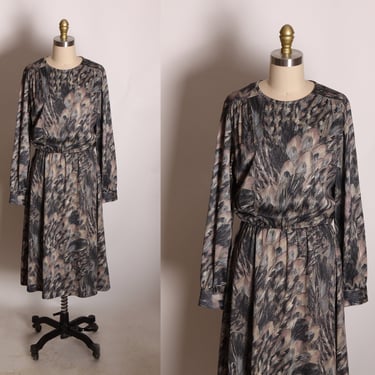 1970s Gray and Tan Novelty Spooky Feather Print Long Sleeve Dress by Blair -XL 