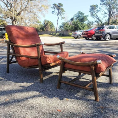 Vintage Ficks Reed Campaign  Rattan Lounge Chair and Ottoman 