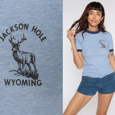 Vintage Jackson Hole Shirt 80s Ringer Tee Shirt Deer Tshirt WYOMING 1980s T Shirt Graphic Travel retro Animal Blue 1980s Small 