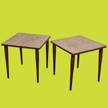 Vintage Stacking Side Tables Retro 1960s Mid Century Modern + Brown Wood Legs + Square Laminate Tops + Set of 2 + End Tables + MCM Furniture 