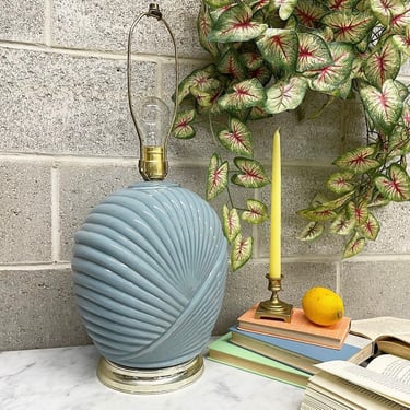 Vintage Table Lamp Retro 1980s Contemporary + Glass + Art Deco Revival + Baby Blue + Wave Design + Mood Lighting + Home and Table Decor 