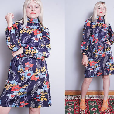 Vintage 1960's | Blue | Large Floral | Boho | Mod | Dress | M 