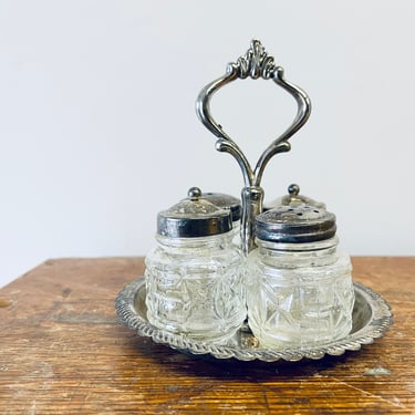 Antique Cut Glass Salt + Pepper Shakers + Spice Jars on Silver Tray | Silver Serving Set | Crystal Salt + Pepper Shakers | Sterling Silver 
